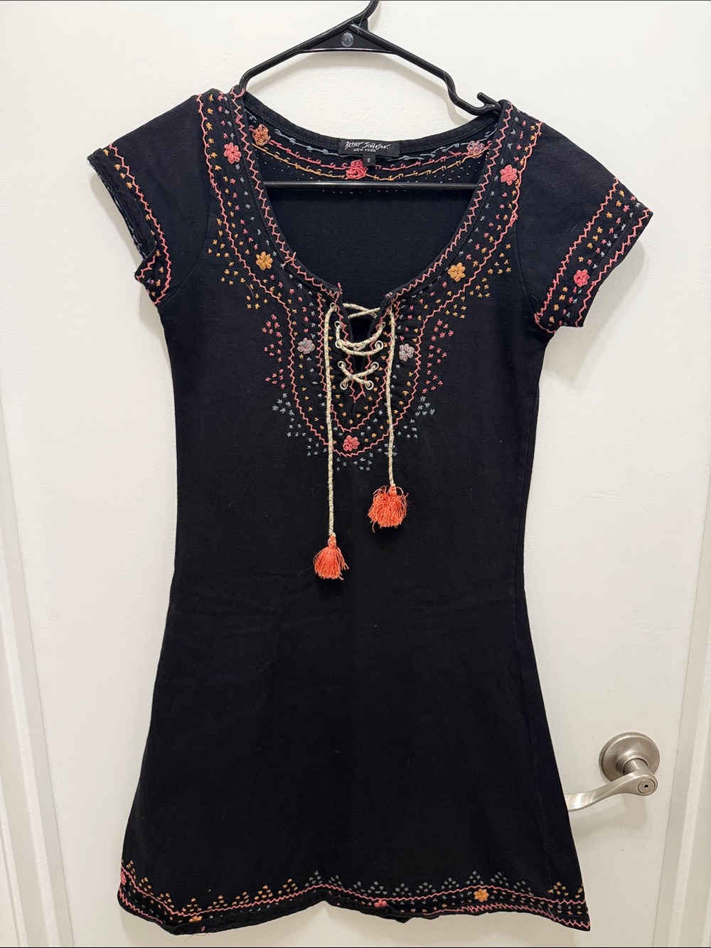 Vintage Betsey Johnson New York Embroidered Lace Up Mini Dress Black Floral - Picture 1 of 3